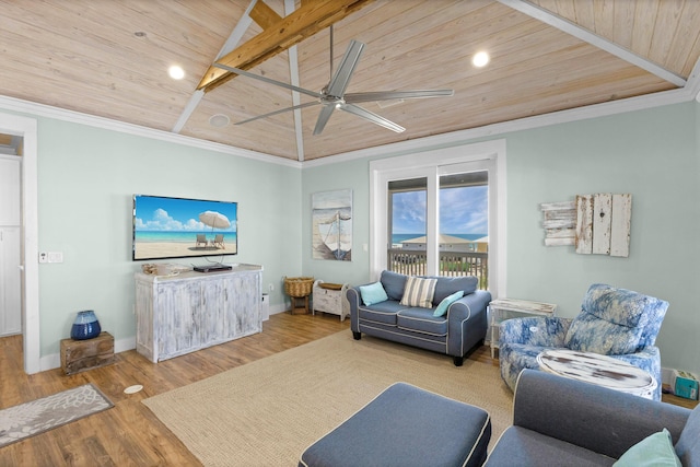 1235 Allen Loop Dr, Santa Rosa Beach, FL 32459 - living area featuring ceiling fan, wood finished floors, wooden ceiling, and recessed lighting