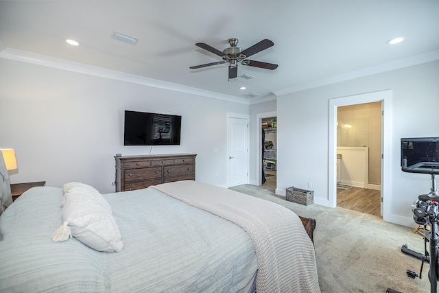 carpeted bedroom with recessed lighting, ornamental molding, ceiling fan, connected bathroom, and baseboards