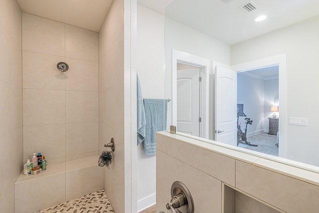 full bathroom with a walk in shower, visible vents, and recessed lighting