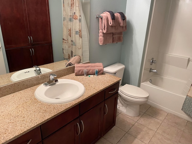 full bathroom with toilet, tile floors, vanity, and shower / tub combo with curtain