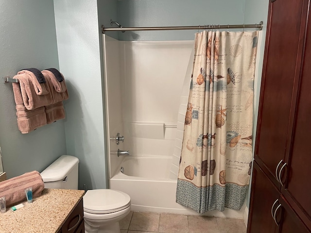 full bathroom featuring tile flooring, vanity, toilet, and shower / tub combo with curtain