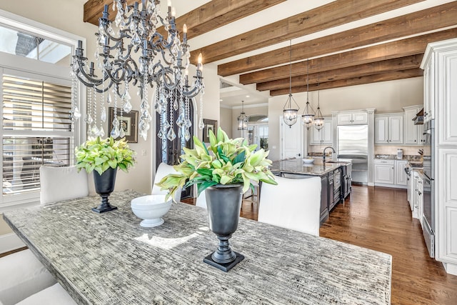 24 Norriego Rd, Destin, FL 32541 - dining space featuring beamed ceiling, dark hardwood / wood-style flooring, and a notable chandelier