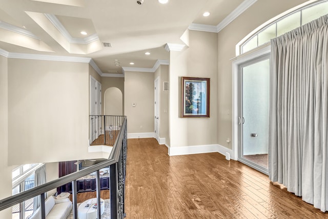 24 Norriego Rd, Destin, FL 32541 - corridor featuring crown molding, dark hardwood / wood-style flooring, and a tray ceiling