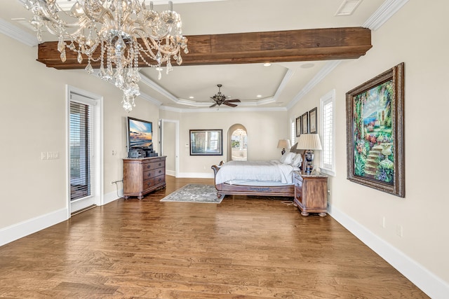 24 Norriego Rd, Destin, FL 32541 - bedroom featuring crown molding, dark wood-type flooring, access to exterior, an inviting chandelier, and a raised ceiling
