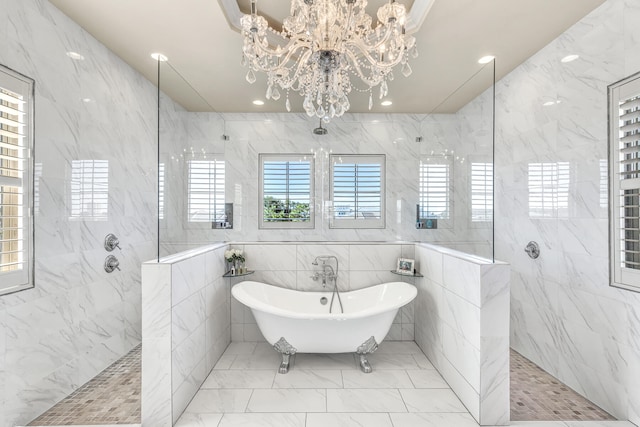 24 Norriego Rd, Destin, FL 32541 - bathroom featuring a chandelier, tile floors, tile walls, and plus walk in shower