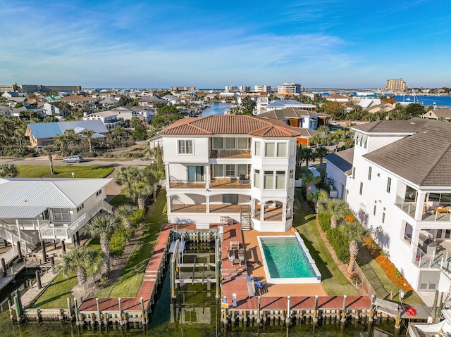 bird's eye view with a water view