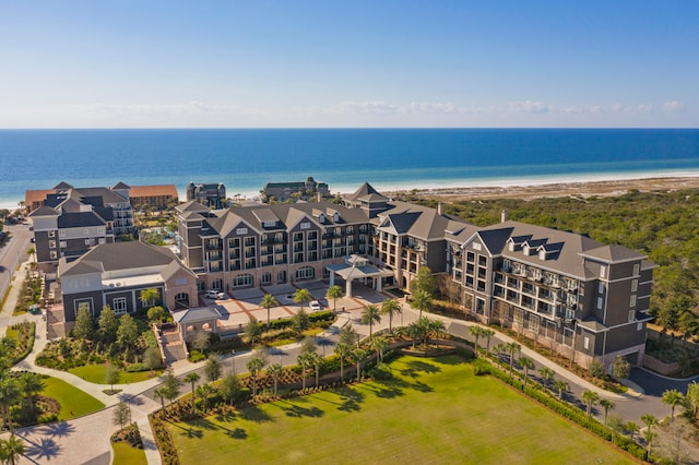 aerial view with a view of the beach and a water view