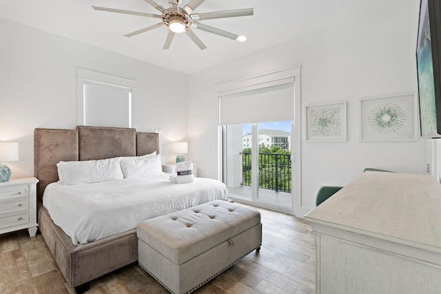 bedroom with ceiling fan, hardwood / wood-style flooring, and access to outside