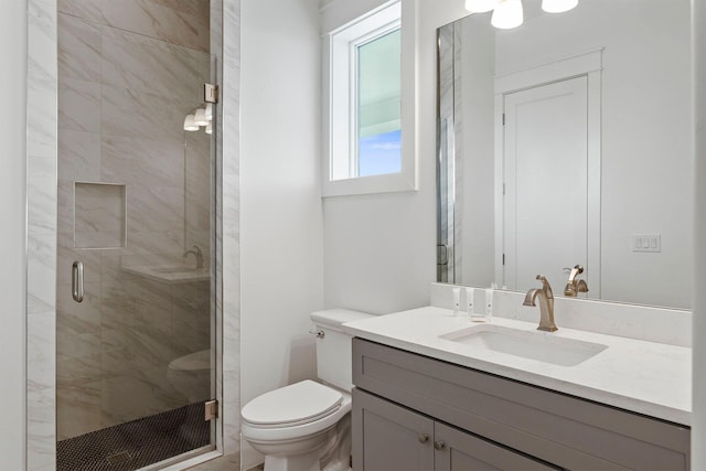 bathroom featuring walk in shower, toilet, and large vanity