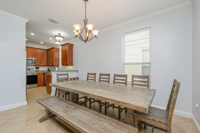 dining area with ornamental molding, light tile floors, and a notable chandelier