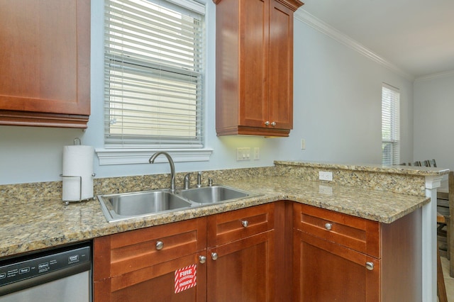 kitchen with ornamental molding, sink, dishwasher, and light stone countertops