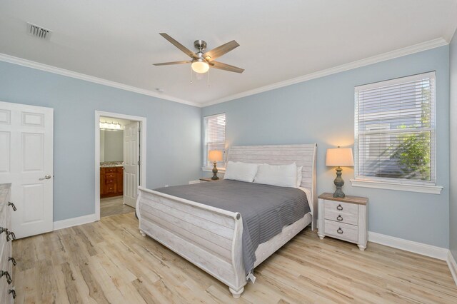 bedroom featuring ensuite bath, ceiling fan, light hardwood / wood-style floors, and ornamental molding