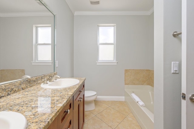 bathroom with tile floors, a bath to relax in, double sink, and large vanity