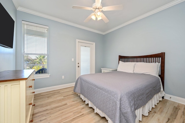 bedroom featuring ceiling fan, crown molding, and light wood-type flooring