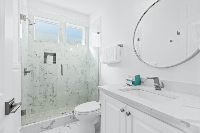 bathroom with walk in shower, vanity, toilet, and tile flooring