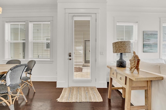 doorway featuring crown molding and dark hardwood / wood-style flooring