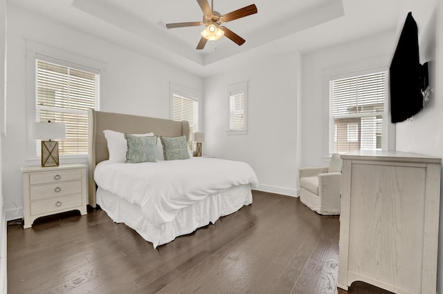 bedroom with multiple windows, dark hardwood / wood-style floors, and a raised ceiling