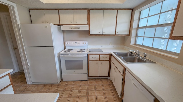 kitchen with sink, exhaust hood, and white appliances