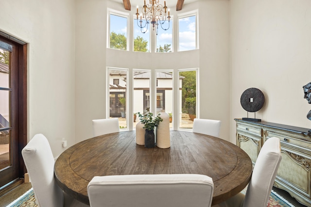 dining room with a healthy amount of sunlight, a chandelier, and a high ceiling