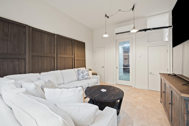 tiled living room with an AC wall unit