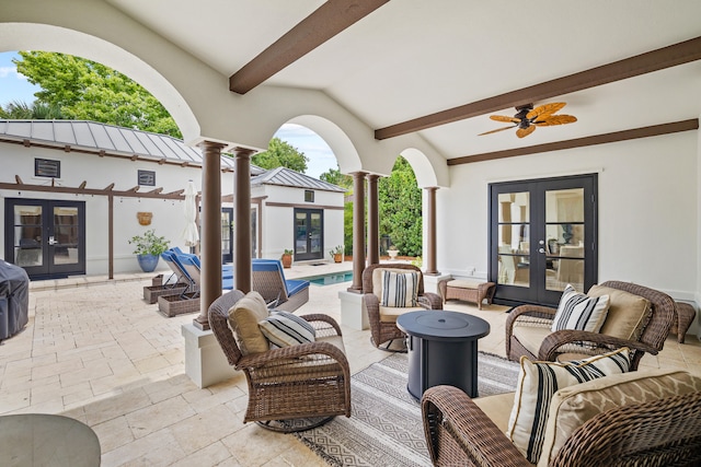 view of patio / terrace with french doors, ceiling fan, and an outdoor hangout area