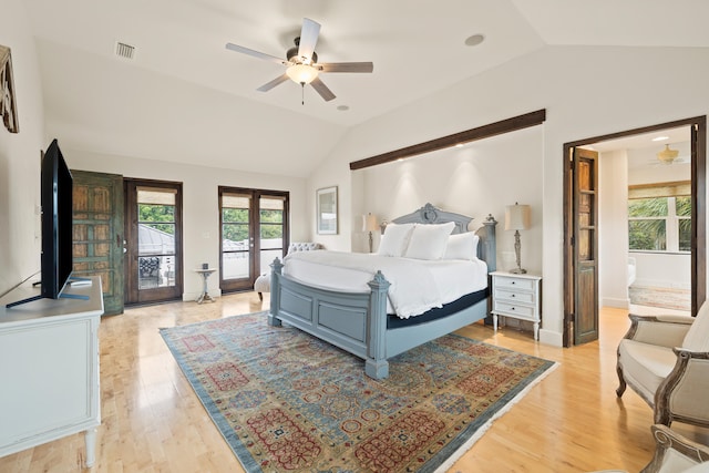 bedroom with french doors, ceiling fan, vaulted ceiling, access to exterior, and light wood-type flooring