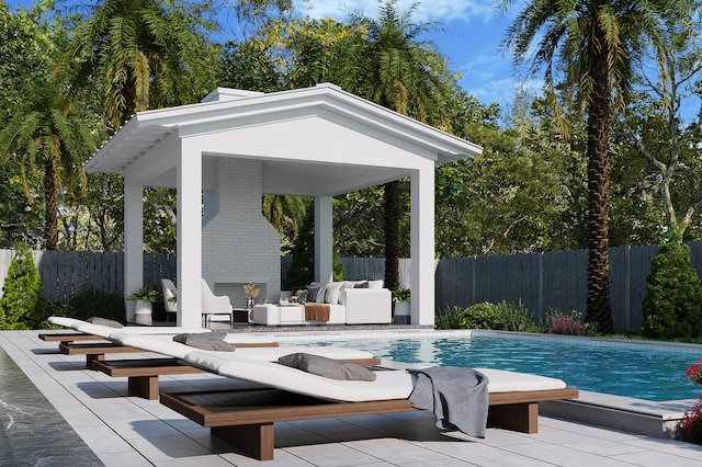 view of swimming pool featuring a patio, a gazebo, and outdoor lounge area