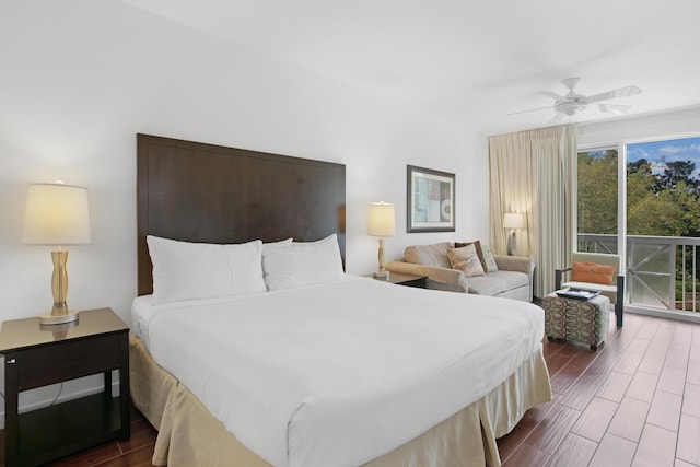 bedroom featuring access to exterior and ceiling fan