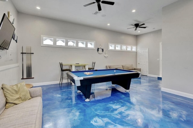 playroom featuring ceiling fan and billiards