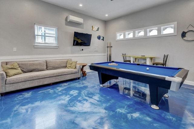 game room with pool table and a wall unit AC