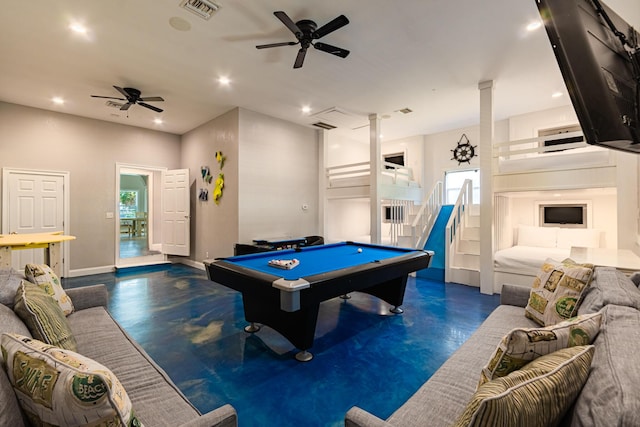 rec room with ceiling fan, pool table, and decorative columns