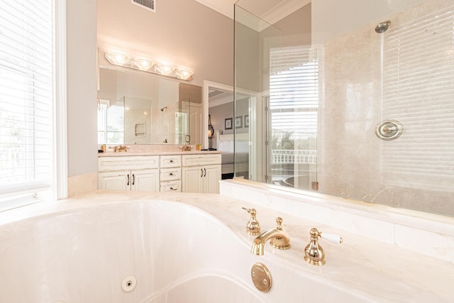 bathroom with a bathing tub, crown molding, and vanity