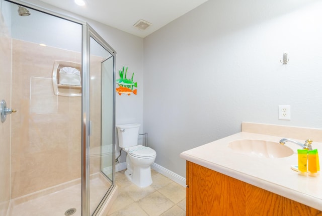 bathroom featuring toilet, walk in shower, and vanity