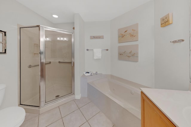 full bathroom featuring plus walk in shower, vanity, tile floors, and toilet