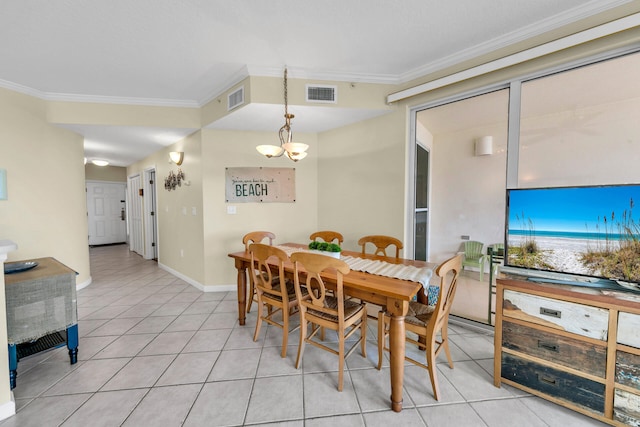 tiled dining room with crown molding and a notable chandelier