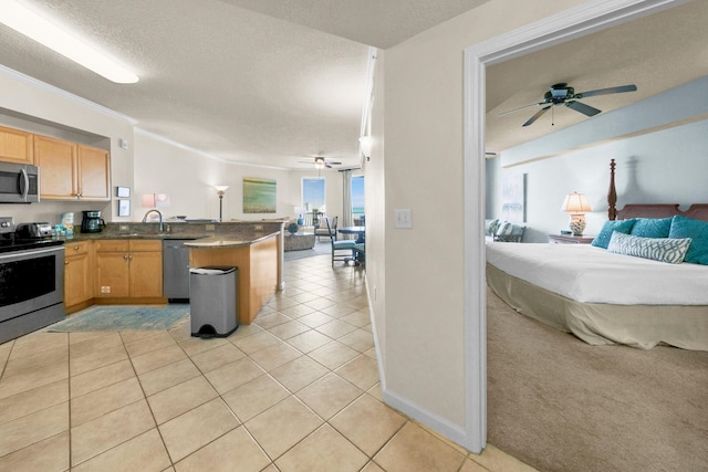 kitchen with ceiling fan, light carpet, stainless steel appliances, kitchen peninsula, and a wealth of natural light