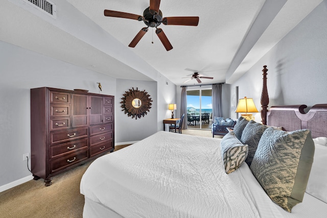 bedroom with access to outside, ceiling fan, and carpet floors