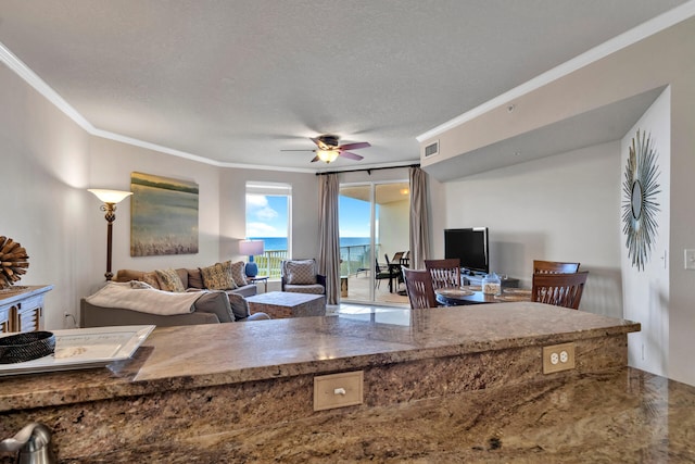 living room with crown molding, ceiling fan, and a textured ceiling