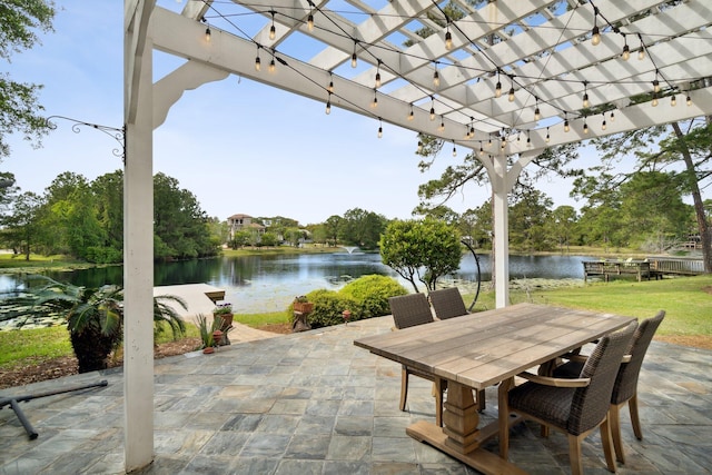 view of patio with a water view and a pergola