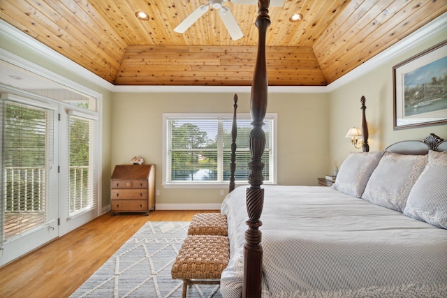 bedroom featuring wood ceiling, light hardwood / wood-style flooring, ceiling fan, and access to exterior