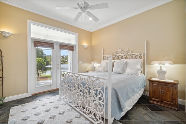 tiled bedroom with ceiling fan, access to outside, and ornamental molding