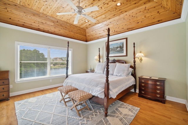 bedroom with light hardwood / wood-style flooring, ceiling fan, and wood ceiling