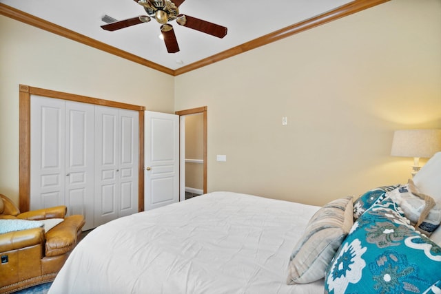 bedroom featuring a closet, ceiling fan, and crown molding