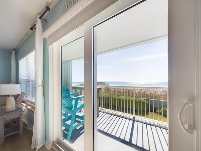 entryway featuring a water view and wood-type flooring