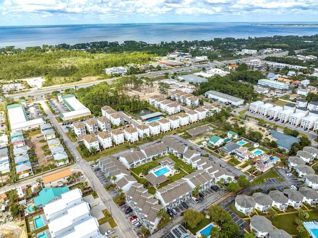 drone / aerial view with a water view