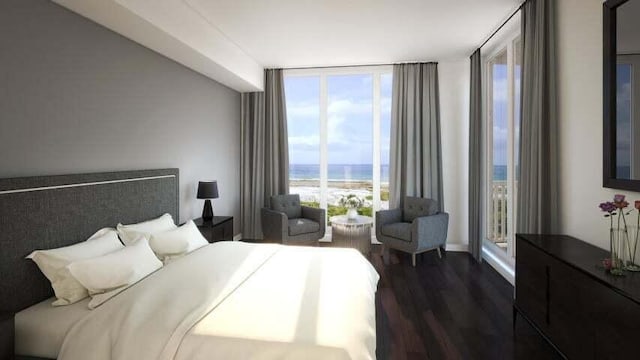 bedroom featuring a water view, dark hardwood / wood-style floors, and a wall of windows