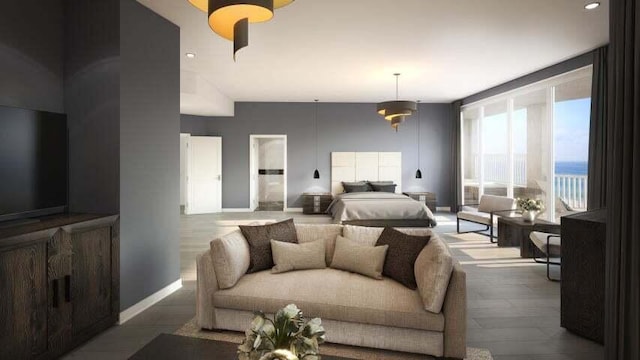 bedroom featuring a water view and dark wood-type flooring