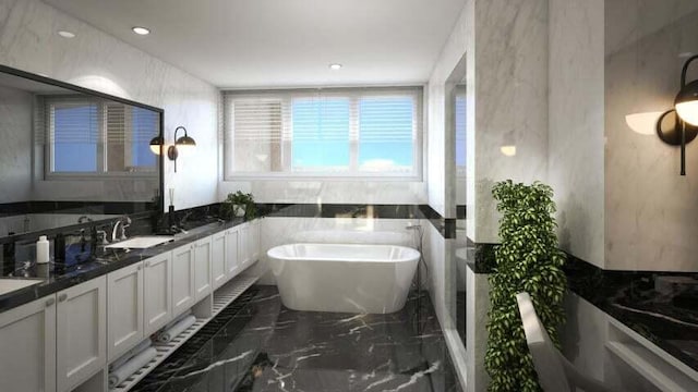 bathroom with a washtub, tile floors, and dual vanity