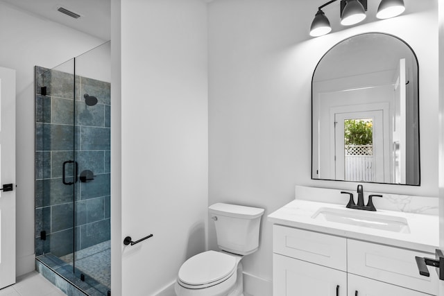 bathroom featuring oversized vanity, an enclosed shower, toilet, and tile flooring