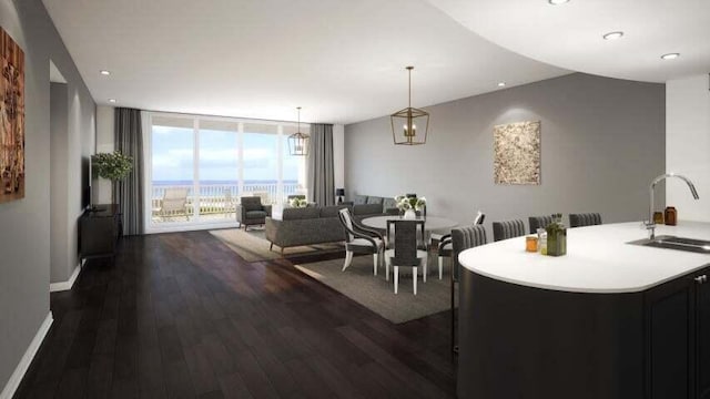 dining room with floor to ceiling windows, dark hardwood / wood-style flooring, and sink